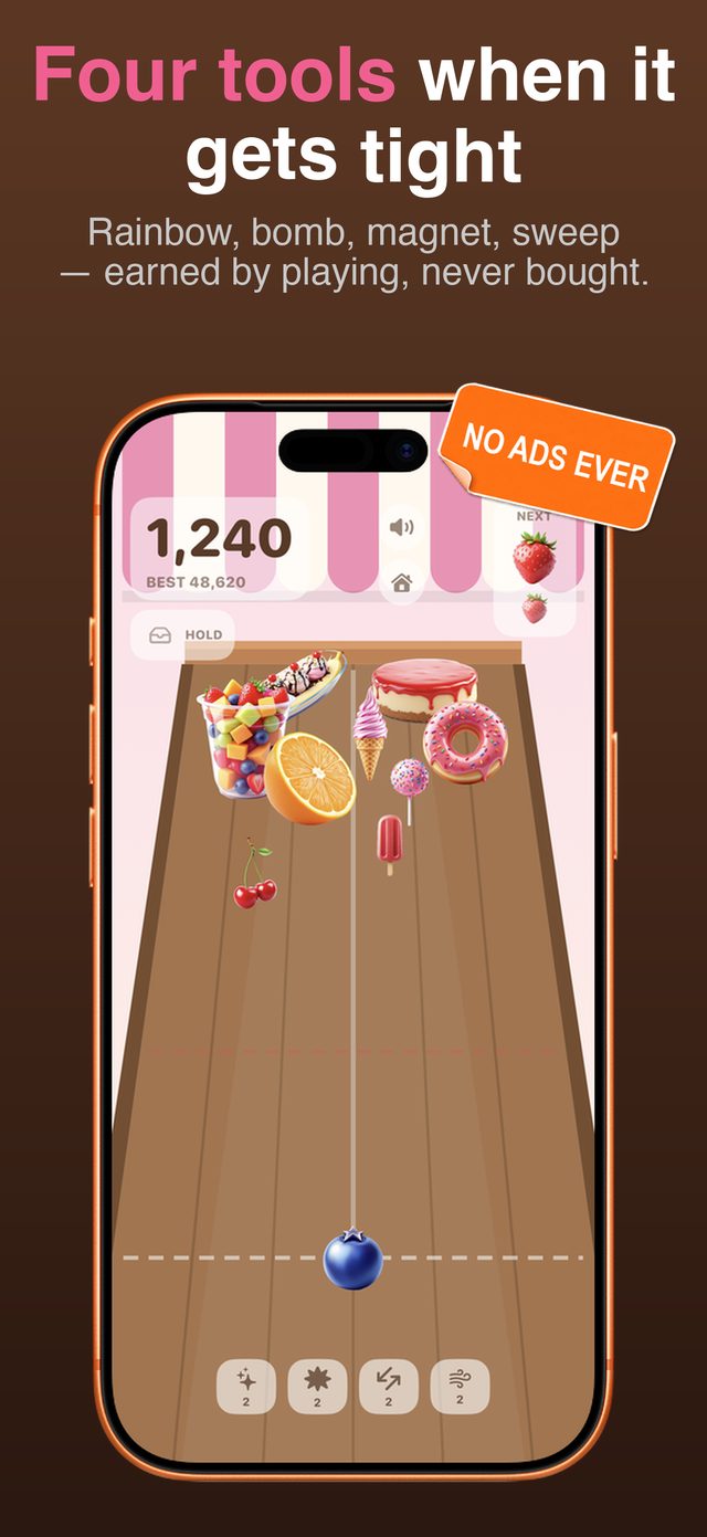 Power-up bar — rainbow, bomb, magnet, and sweep, earned by playing