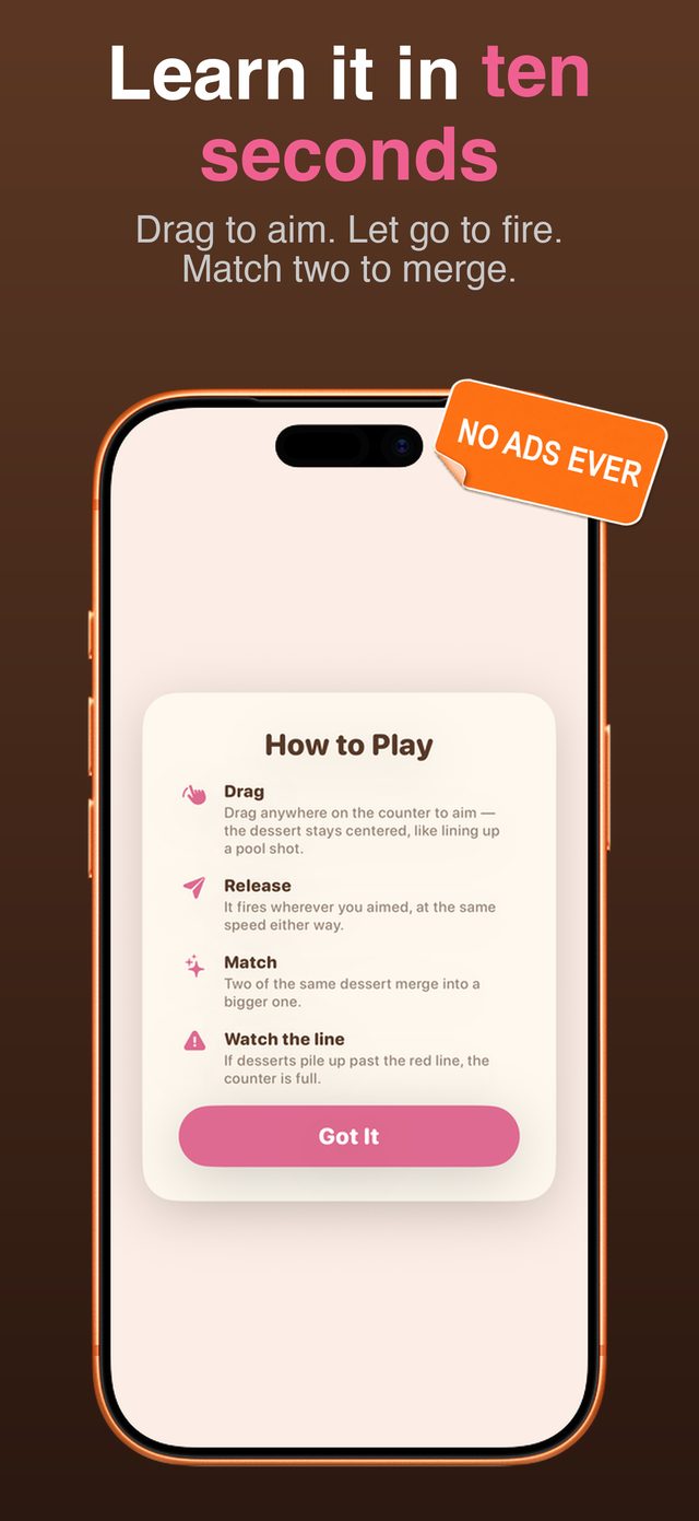 How to Play — drag to aim, let go to fire, match two to merge