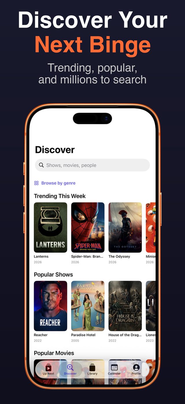 Discover screen — trending and popular shows and movies