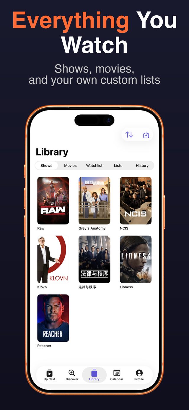 Library screen — tracked shows, movies, and custom lists